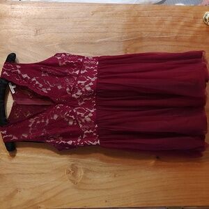 Charlotte Russe Lace Mesh Babydoll Dress Burgundy Back-Zip Sleeveless Twee Large
